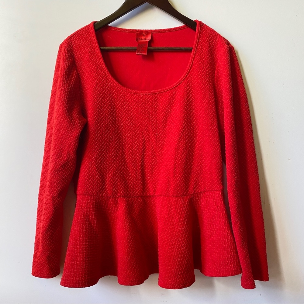 Waffle Knit Polyester Red Peplum Blouse Size L